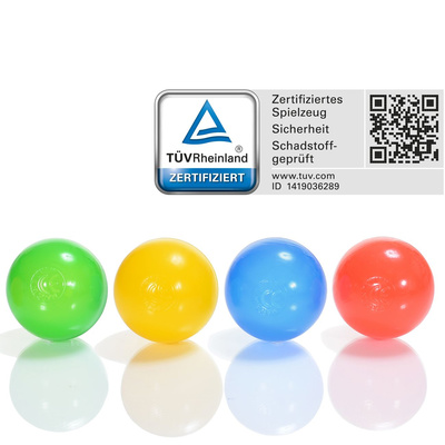 100 bunte Spielblle 6 cm mit Prfzeichen